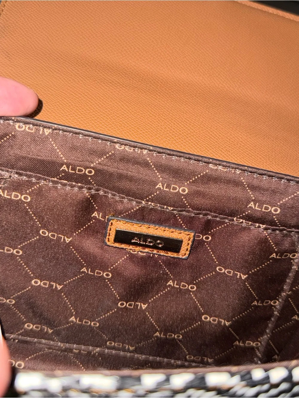 Aldo Black-and-White Woven Crossbody with Tan Trim